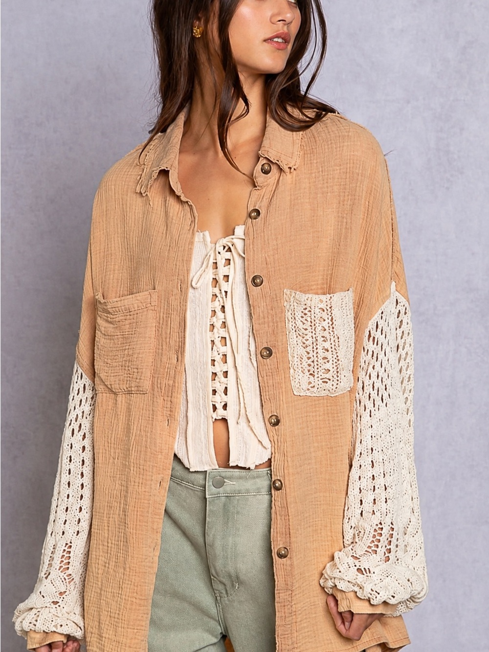 Oli and Hali Oversized Button-Down Gauze Shirt with Crochet Sleeves